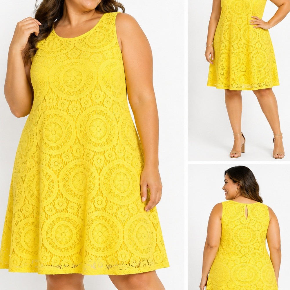 Tacera Womens 2X‎ Yellow Medallion Lace A Line Sleeveless Shift Dress